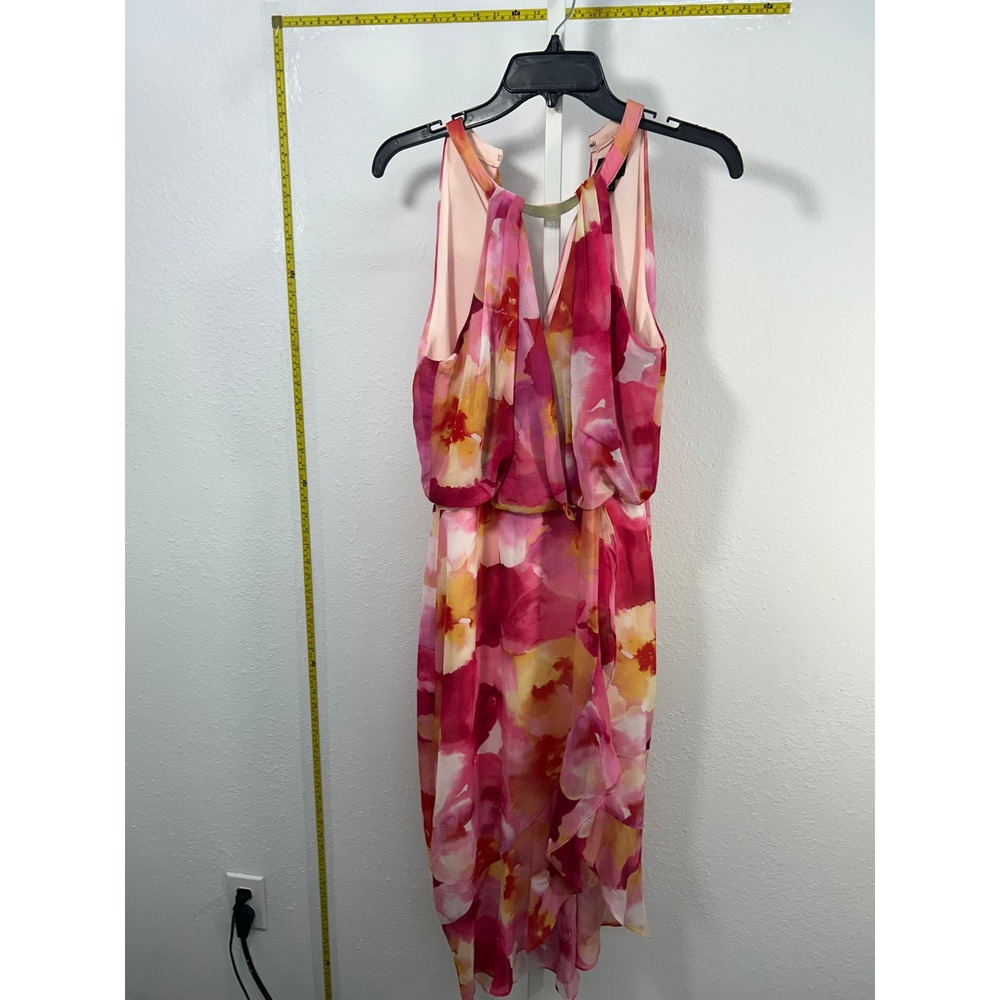 X by Xscape Pink Floral Halter Midi Dress Gold Ring Detail Petite 8P Watercolor
